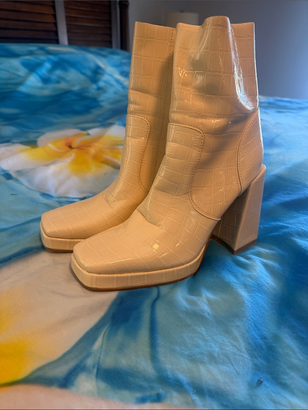 Princess Polly Cream Croc-Embossed Block Heel Ankle / Mid-Calf Boots